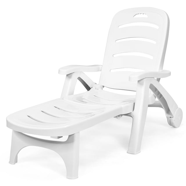 Patiojoy Outdoor Chaise Lounge Chair in white, featuring a 5-position adjustable backrest for customizable comfort. Made of durable PP material, this folding recliner is weather-resistant and supports up to 300 lbs. The lightweight design includes two smooth wheels for easy mobility, and the chair folds compactly for convenient storage. Ideal for use at the beach, poolside, backyard, or balcony.