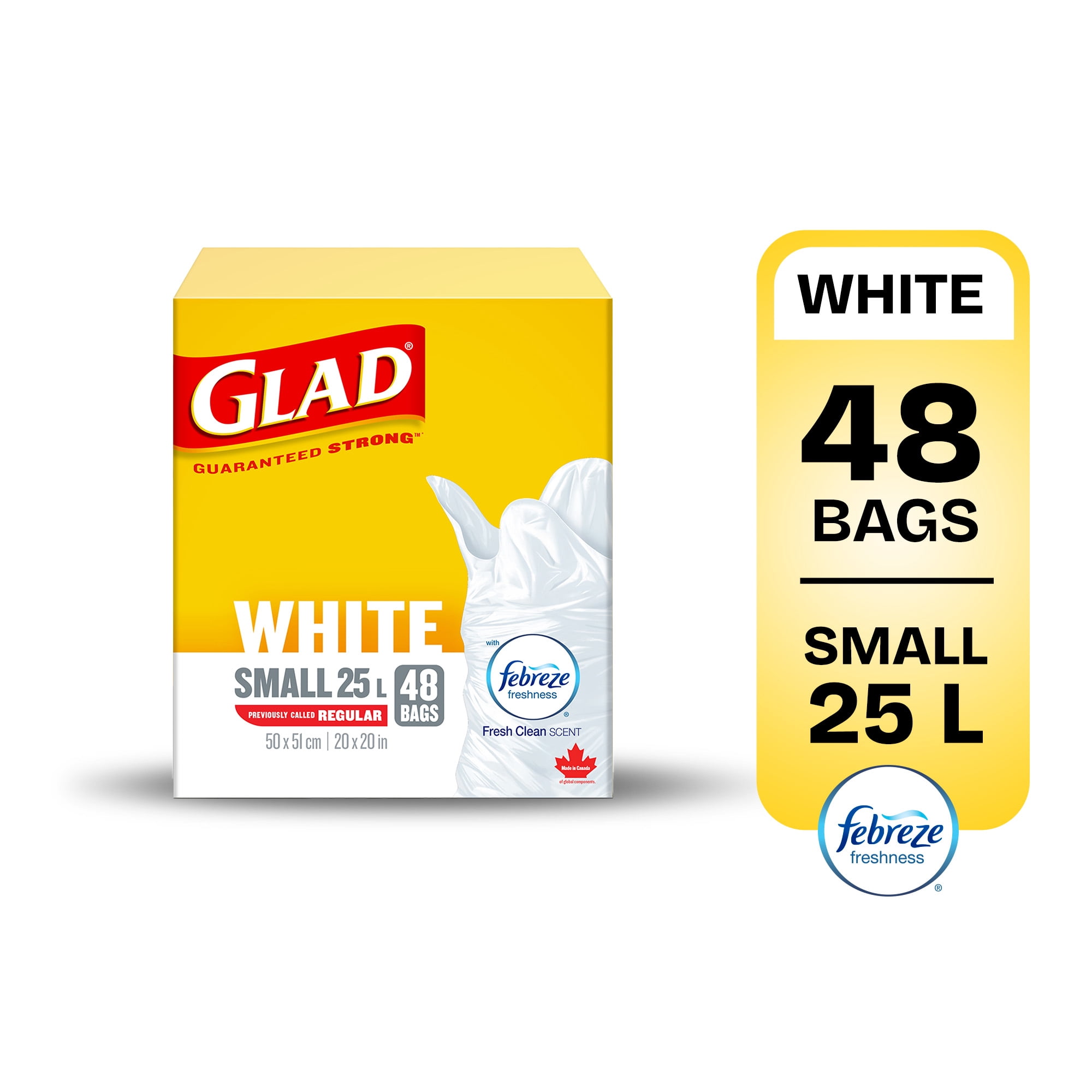 Glad White Garbage Bags - Small 25 Litres - Febreze Fresh Clean Scent, 48 Trash Bags