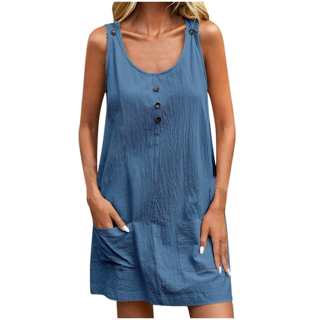 Timegard Robes d'Été pour Femmes Col Rond à Boutons Décontracté Sans Manches Courte Robe Modeste avec Poches