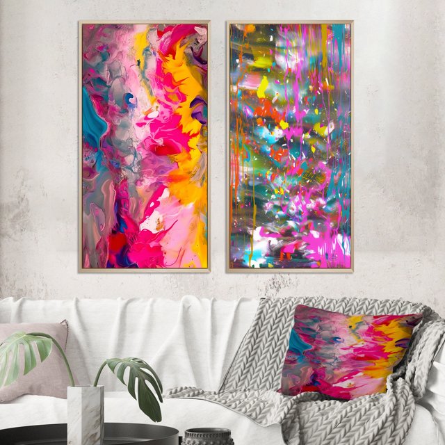 Designart « Rétro Groove Été Expressionnisme Abstrait » Peinture Abstraite Ensemble d'Art Mural Encadré de 2 - Ensemble d'Art Mural Encadré Moderne Rose de 2