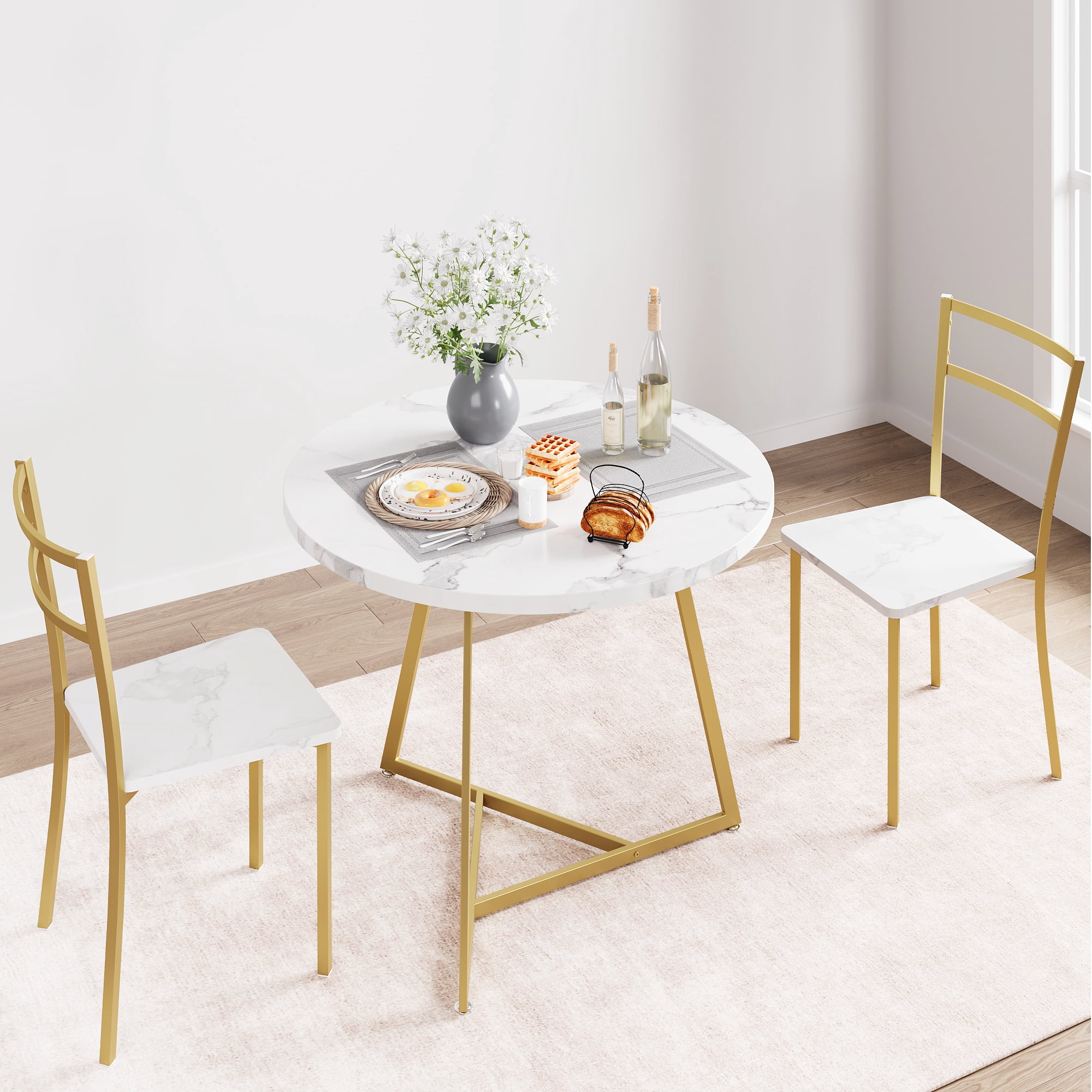 DSstyles Dining Table Set for 2, Round Kitchen Table and Chairs for 2, Modern Dining Room Table Set with 2 Metal and Wood Chairs, Kitchen Table Set for Small Space, Apartment, Marble White and Gold