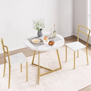 DSstyles Dining Table Set for 2, Round Kitchen Table and Chairs for 2, Modern Dining Room Table Set with 2 Metal and Wood Chairs, Kitchen Table Set for Small Space, Apartment, Marble White and Gold