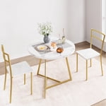 DSstyles Dining Table Set for 2, Round Kitchen Table and Chairs for 2, Modern Dining Room Table Set with 2 Metal and Wood Chairs, Kitchen Table Set for Small Space, Apartment, Marble White and Gold