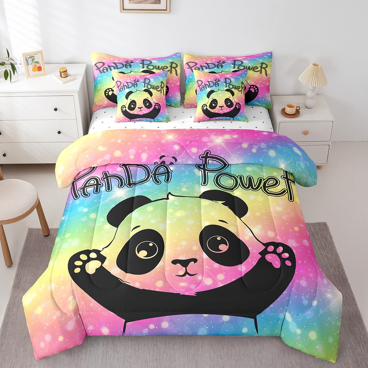 YST Ensemble Douillette 7 Pcs Arc-en-Ciel Kawaii Mignon Panda, Motif Panda Dessin Animé, Polyester, Format Grand Lit (7 Unités)