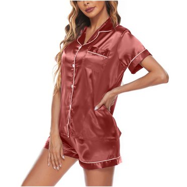 Lovskoo Satin Pajamas Women Lounge Sets Two Piece Set Matching Set Button Down Nightwear Homewear Soft Short Sleeve Tops Shorts Solid Night Pajamas Suits Sleepwear Loungewear Coffee