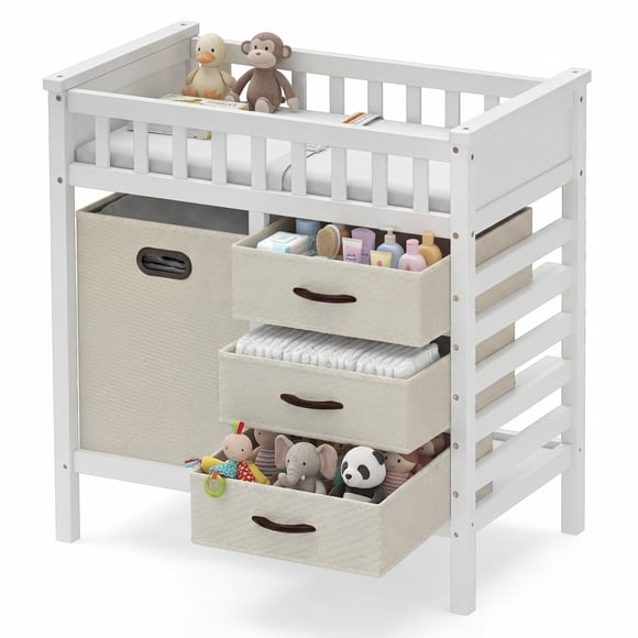 Costway Wooden Baby Changing Table, Diaper Changing Station with 3 Fabric Storage Drawers