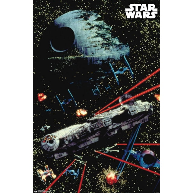 Star Wars : Saga - Affiche Murale de Bataille Spatiale, 22,375 Po x 34 Po Représentant l'Étoile de la Mort, Plusieurs Chasseurs TIE et le Faucon Millenium Tirant des Explosions laser Rouges dans une Scène Spatiale Remplie d'Étoiles, Imprimée sur Papier d'Affiche Lustré, Convient à la Décoration Murale de Chambre Ou de Bureau.