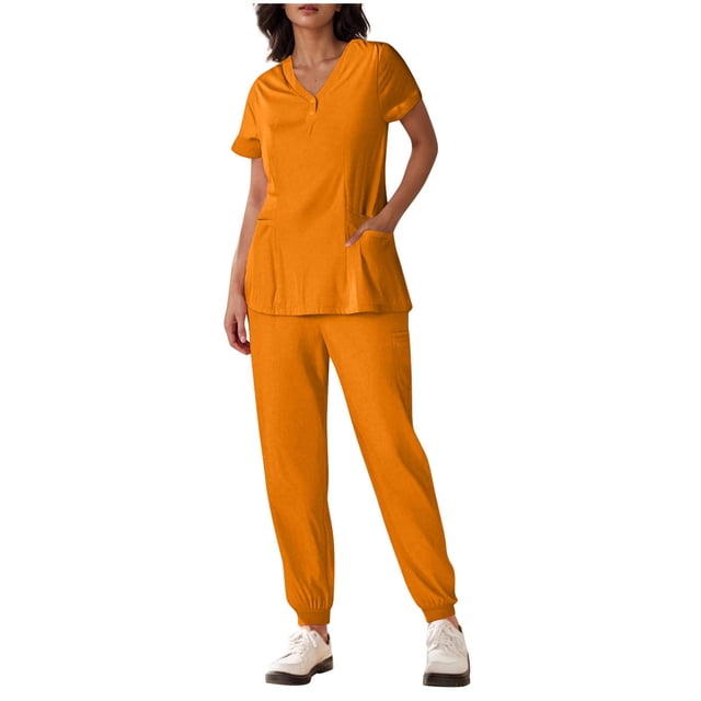 Yanlir Ensemble Deux Pièces pour Femmes, Blouse à Manches Courtes Boutonnée, Couleur Unie, Col en V et Pantalon à Bas Resserré, Mode (Jaune, P)