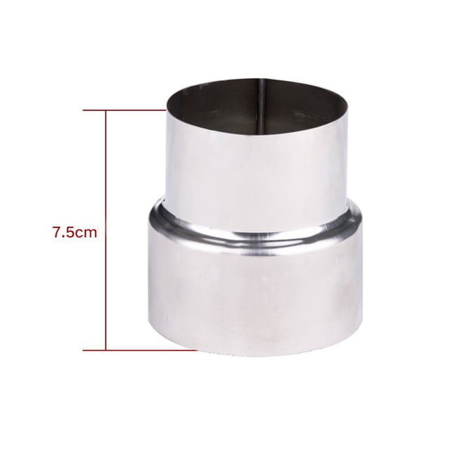 Lefu Stainless Steel Flue Liner Reducer / Tubing Connector Chimney Adaptor Stove Pipe. A polished stainless steel cylindrical reducer, designed for connecting chimney liners, stacks, or twin wall flue systems. The image shows a centered view with dimensions marked as 7.5 cm height. Ideal for reducing the diameter of galvanized round perimeter pipes, commonly used in heating, air conditioning, and venting applications. A versatile chimney accessory for wood stoves and masonry chimneys.