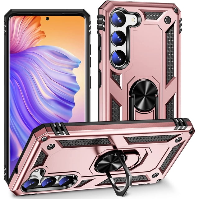 Étui Classique avec Béquille pour Samsung Galaxy S23 5G en Or rose avec accents Noirs, Doté d'Un Dos en Acrylique Résistant aux Rayures, d'Un Support Anneau pour Caméra Intégré et Ajustable, et d'Une protection de Qualité Militaire avec Coins air-guard. Comprend des Bords Surélevés pour la protection de la Caméra et de l'Écran, un Matériau TPU Antidérapant, et un Support Anneau Magnétique à 360° compatible avec les Supports de Voiture. Conçu pour Samsung Galaxy S23.