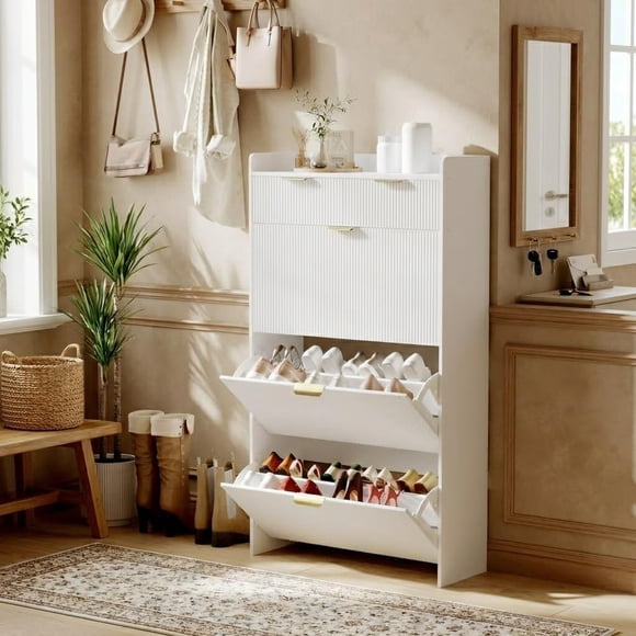 Wave Design Shoe Cabinet with 3 Slip Drawers, 2 Drawers, Raised Edges, Fluted Shoe Cabinet, Slim Hidden Shoe Organizer, Wooden Shoe Storage for Entryway, Front Door, Living Room, White