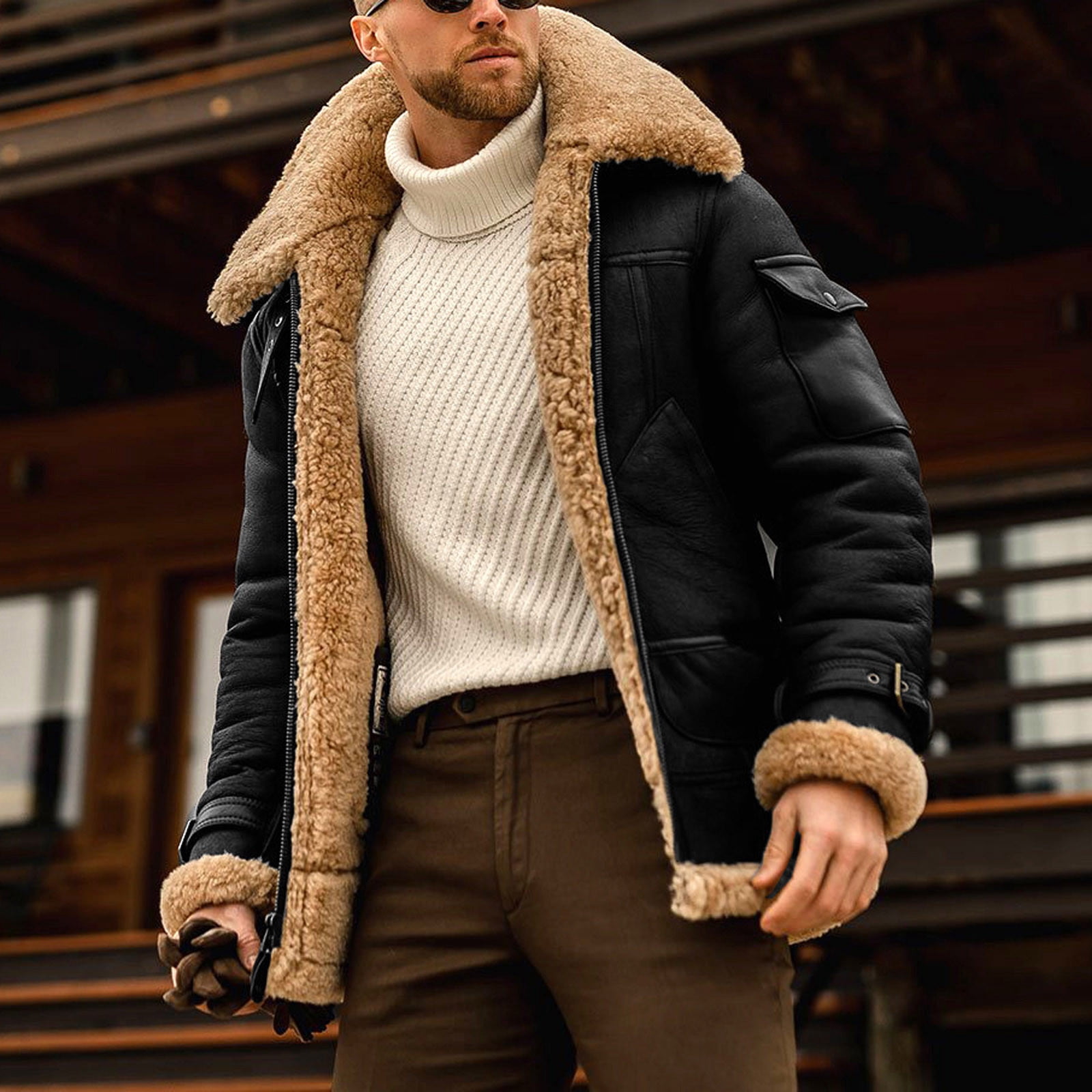 Men Casual Solid Turndown Winter Thicken Cool Zipper Patchwork Jacket Coats
