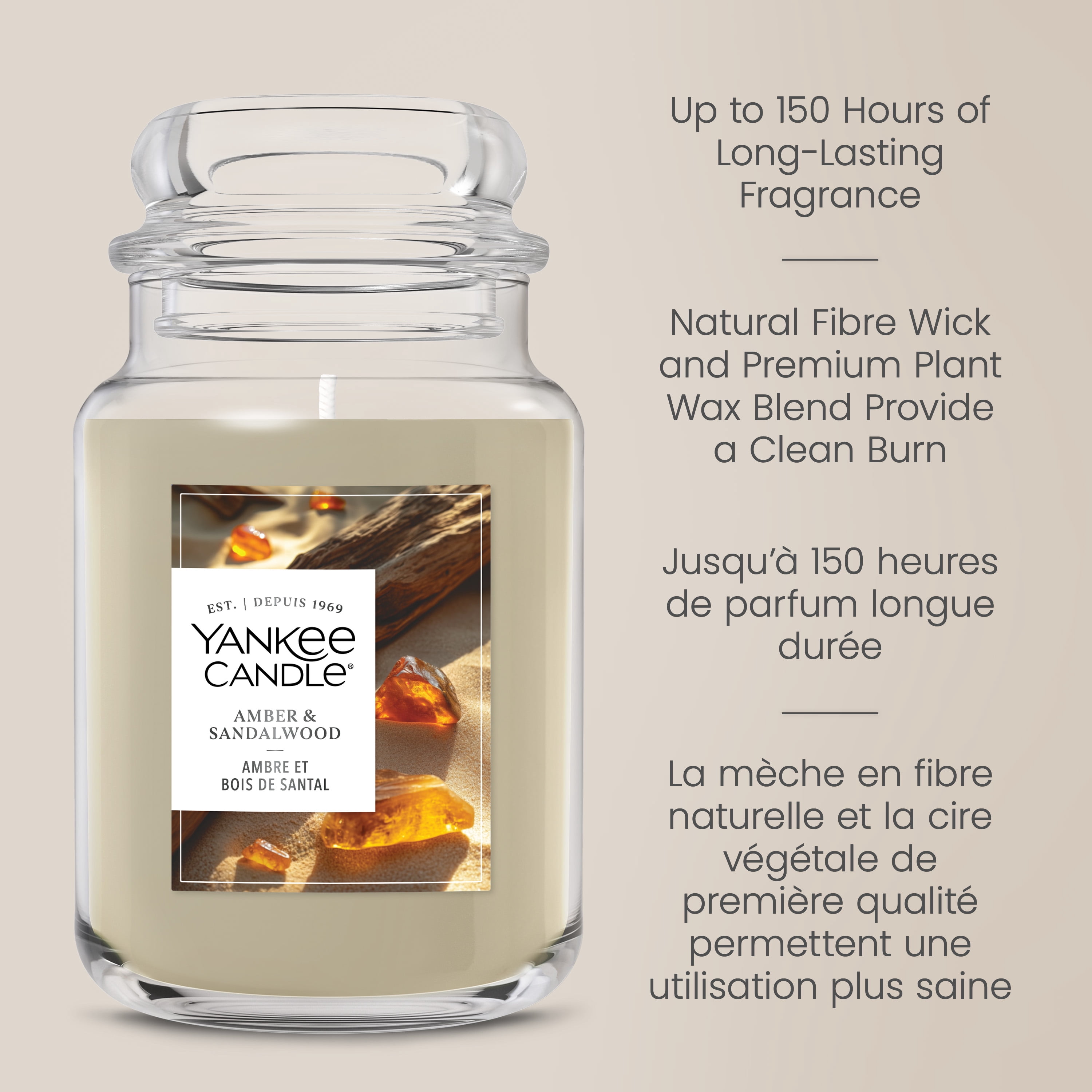 Yankee Candle Scented Candle, Amber & Sandalwood, 22 oz Original Large Jar, Up to 150 Hours of Burn Time