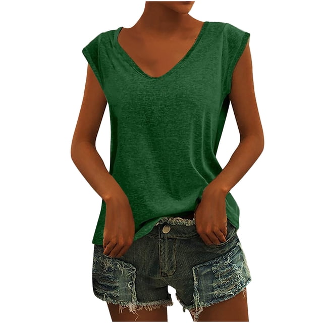 Pompotops Fashion Woman Causal V-Neck Solid Blouse Sleeveless T-Shirt Summer Tops