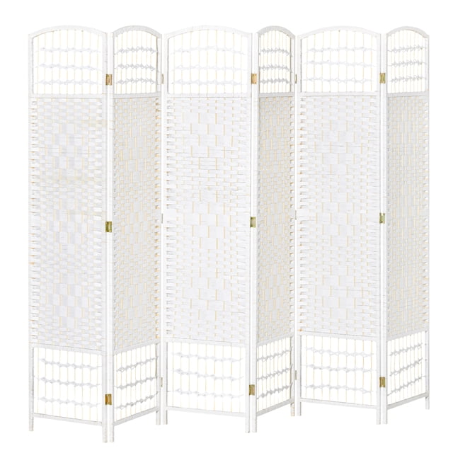HOMCOM Paravent Autoportant Pliant à 6 Panneaux pour la Maison en Blanc. Cet Écran Léger et durable Présente un design en fibre Tressée à Motif Losange avec un Ton Naturel, Soutenu par un Cadre en Bois de Peuplier Massif. les six Panneaux Sont Reliés par Quinze Charnières Métalliques, Offrant un Positionnement flexible et un Pliage Facile pour le Rangement. les Pieds Surélevés Favorisent la circulation de l'Air, et Aucun Assemblage n'Est Requis. Dimensions Lorsqu'Expansé: 95,3 Pouces de long, 66,9 Pouces de Haut et 0