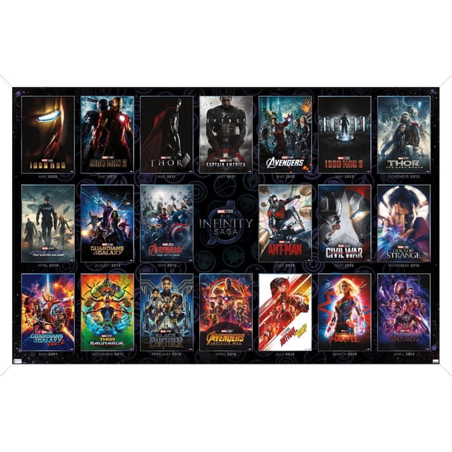 Marvel Avengers: The Infinity Saga - One Sheet Grid Wall Poster, 22.375" x 34" framed, showing a grid of 22 framed Marvel movie posters from the Infinity Saga series, including Iron Man, Thor, Captain America, Avengers, Guardians of the Galaxy, Ant-Man, Civil War, Doctor Strange, Black Panther, Captain Marvel, and Avengers: Endgame, with release dates from 2008 to 2019, set on a black background with subtle Marvel icons, suitable for home or office wall décor.