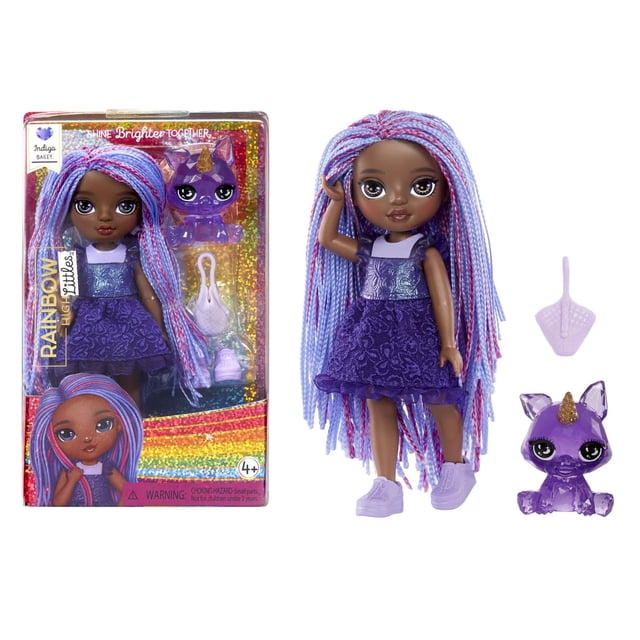 Rainbow High Littles – Indigo Bailey, purple 5.5" posable small doll with long braided purple and pink hair wearing a purple dress with textured skirt and shiny bodice, purple sneakers, and removable purse. Includes a translucent purple magical fox figurine with a golden horn. Doll is articulated at head, shoulders, and legs for posing.