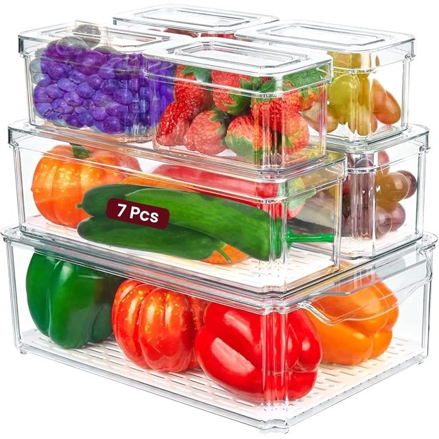 Fridge Organizer, Stackable Refrigerator Organizer Bin with lids, Clear Plastic Pantry Organizer Bins, Freezer Organizers Kitchen Storage and Organization for Fruits, Vegetable (7pack)