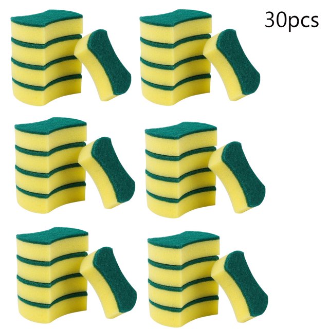 LSLJS 30PC Kitchen Emery Clean Rub Pot Rust Focal Stains Sponge Removing Kit. The image shows 30 yellow and green sponges stacked in groups, designed for kitchen cleaning tasks. These sponges feature a dual-layer design with a green abrasive scrubbing surface and a yellow absorbent sponge layer. Ideal for removing rust, stains, and grease from pots, pans, and other surfaces without scratching. Each sponge measures approximately 10cm x 7cm x 3cm. Suitable for use on non-stick cookware, countertops, and more.