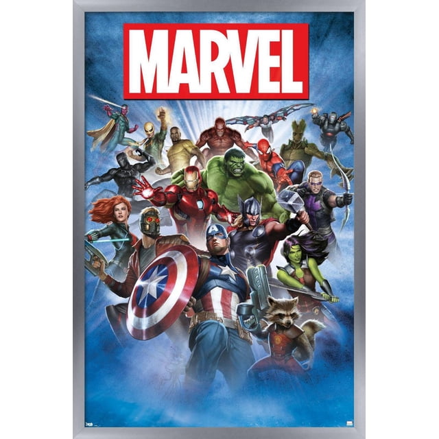 Marvel Comics - Affiche Murale Photo de Groupe Mettant en Vedette un Groupe Dynamique de Superhéros Marvel, Dont Captain America avec Bouclier, Iron Man avec Armure Rouge, Hulk en Vert, Thor Maniant Mjolnir, Spider-Man en Complet Rouge et Bleu, Panthère Noire en Complet Noir, Star-Lord avec blasters, Fusée Raton Laveur avec Pistolet, Gamora avec Épée, Groot, Hawkeye avec Nœud, Sorcière Écarlate et Ensemble de Vision sur un Fond Bleu Radieux avec le logo Marvel Rouge et Blanc Audacieux en Haut. Cette Affiche