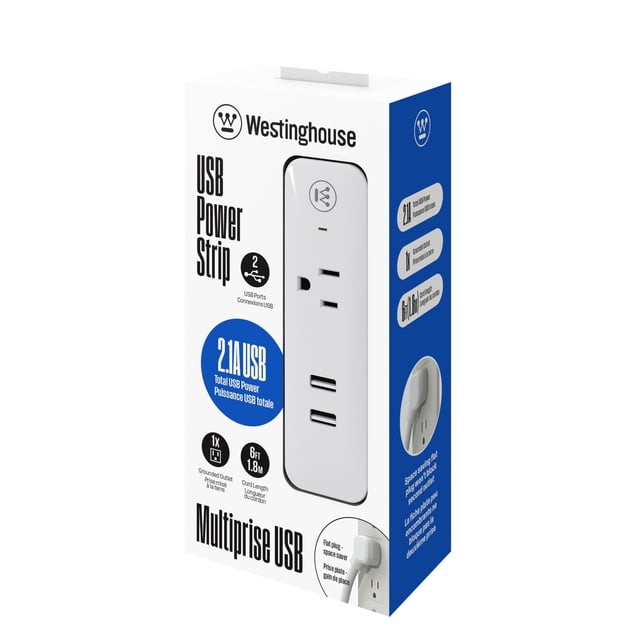 Westinghouse USB Power Strip with two USB-A ports providing 2.1A total power, one grounded outlet, and a 6-foot (1.8m) cord, shown on white and blue packaging highlighting key features for charging and power needs.