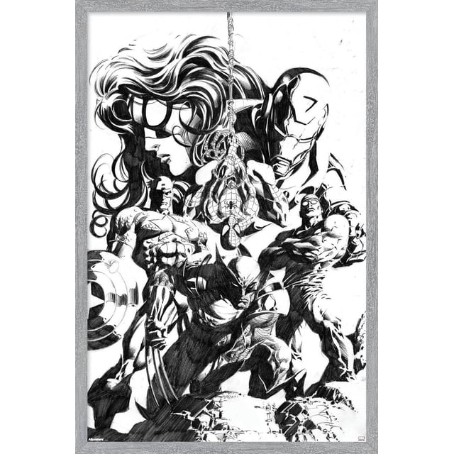 Marvel Sketch - Group Wall Poster, 14.725" x 22.375" Framed features a black and white pencil sketch of Marvel superheroes including Spider-Man hanging upside down from a web in the center, Wolverine crouched in front, Iron Man and Captain America standing behind in dynamic poses. This framed wall art print is ideal for home décor and adds a bold comic style statement.
