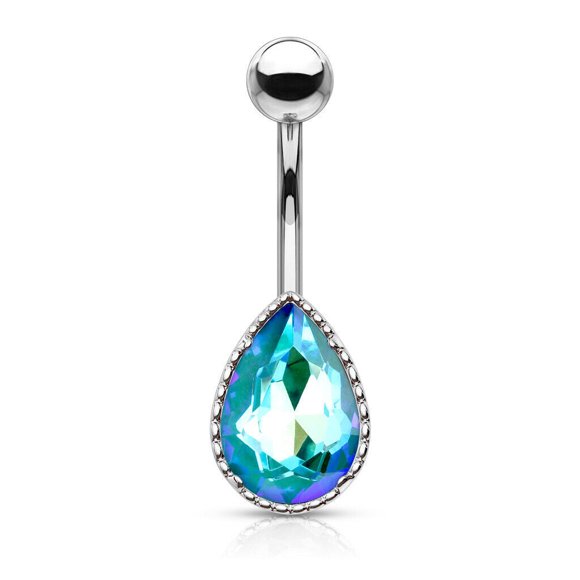 Belly Button Ring with AB Effect Tear Drop Glass Stone 14ga Surgical Steel