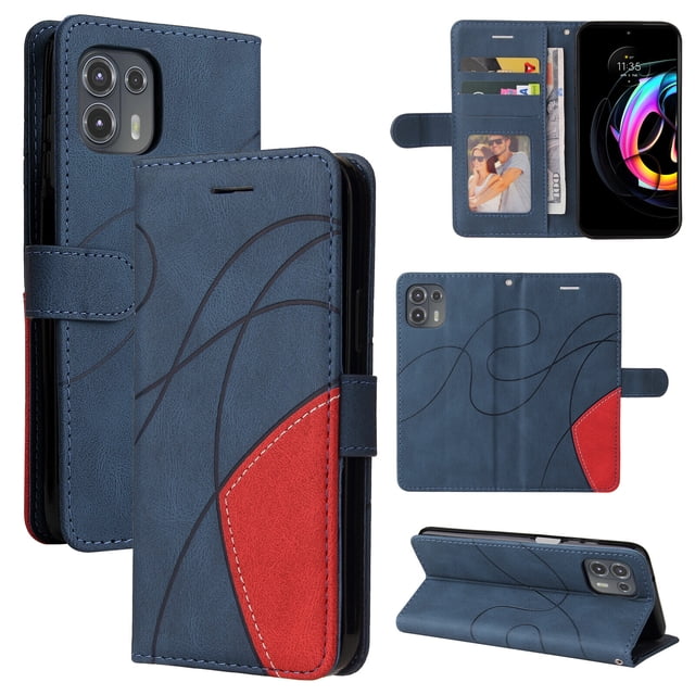 Étui Compatible Motorola Edge 20 Lite, Étui Portefeuille en Cuir Bleu avec Fermoir Magnétique et design folio à Rabat pour Livre. Comprend une Fonction Béquille pour Visionner Mains Libres, Trois Fentes pour Cartes, une Poche pour Argent et une Dragonne Détachable. l'Étui Offre une protection Pleine Grandeur contre les Rayures, les Chutes et la Poussière, avec des Découpes Précises pour les ports, les Haut-Parleurs et les Boutons. le design Comprend un accent Rouge et des Motifs Incurvés pour Plus de style.