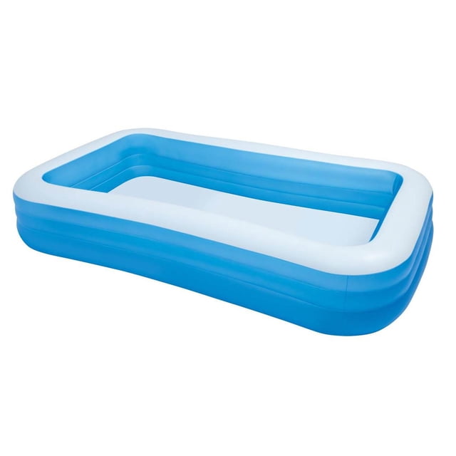 Intex Swim Center Piscine Gonflable Familiale pour Cour Arrière 72 Po x 120 Po x 22 Po au design Rectangulaire avec Parois Souples Bleues et Blanches. Fabriquée en Vinyle Lourd de Calibre 16, Elle Comprend 3 Chambres à air avec Admissions à double valve et Soupapes d'Évacuation à Débit Libre pour un Gonflage et un Dégonflage Faciles. la Piscine Mesure 120 x 72 x 22 Pouces Lorsqu'elle Est Gonflée, Peut Contenir jusqu'à 264 gallons d'Eau, et Convient aux 6 Ans et Plus