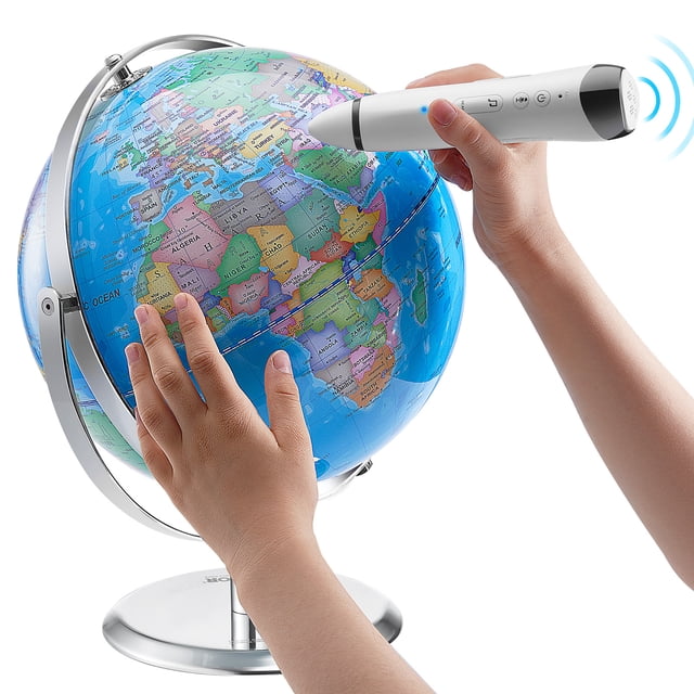 VEVOR Globe du Monde Parlant 9 Po/228,6 mm Globe Interactif pour Enfants avec un Stylo Intelligent Utilisé pour Explorer des Détails Géographiques. Ce Jouet Éducatif STIM Présente une Impression Haute Définition Vibrante, un Support Métallique Rotatif à 720°, et un Éclairage Nocturne DEL. la Main d'Un Enfant Interagit avec le Globe, Mettant en Valeur Son Écran Tactile et les Capacités audio pour un Apprentissage Interactif.