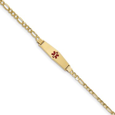 Bracelet Médical 14K Forme Diamant Rouge Émail ID avec Lien Creux 7 Pouces "Bracelets