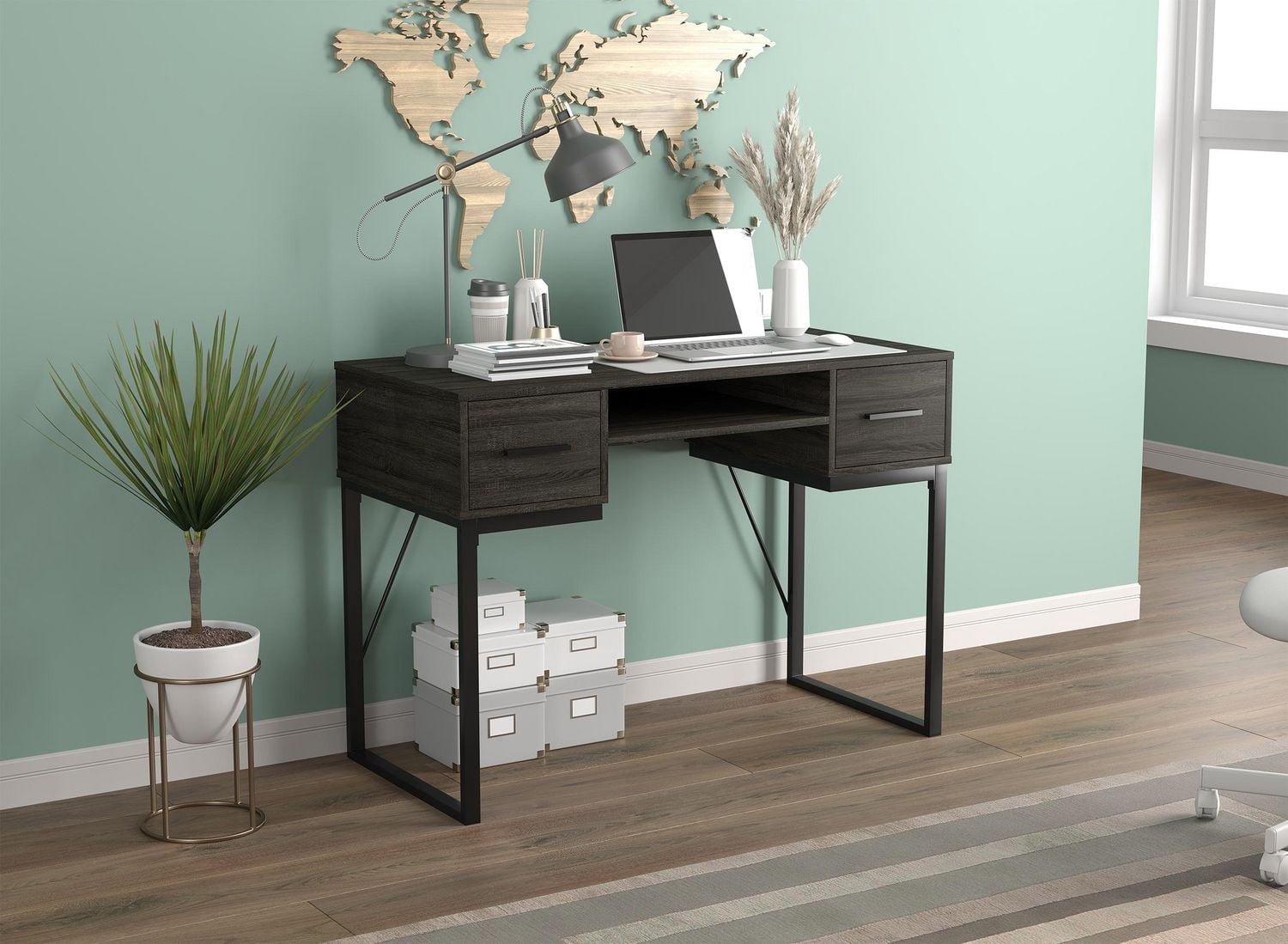 Safdie & Co. Computer Writing Desk 42.5in Dark Grey with 2 Drawers 1 Shelf and Black Metal for Home Office and Small Spaces. Ideal for writing, gaming, study, work from home