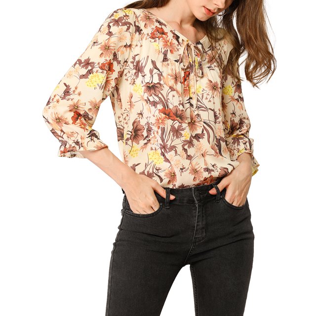 INSPIRE CHIC Women's Tie V Neck Boho Ruffled 3/4 Sleeve Floral Blouse