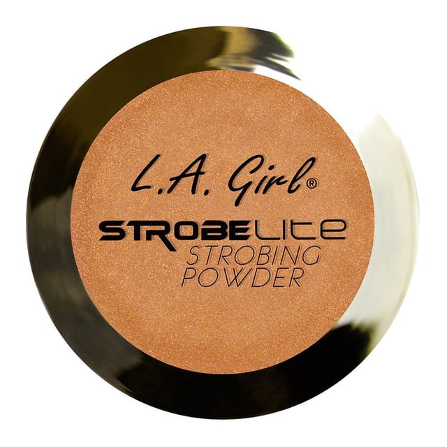 LA Girl Strobe Lite Strobing Powder in a round compact with shimmering golden-beige powder visible through a clear lid featuring black branding text, designed to highlight cheeks, brighten eyes, and enhance complexion with a fresh glow, suitable for use alone or over makeup.