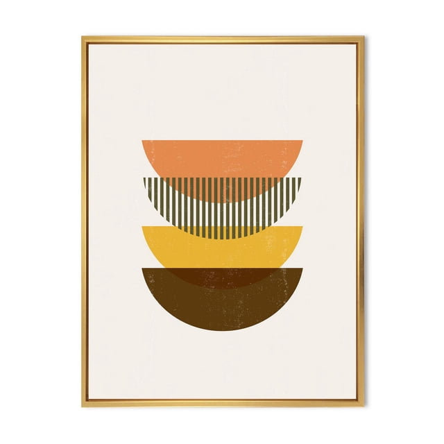 Designart Abstract Geometric Half Moons In Earth Tones FLOAT FRAME WALL ART with four stacked half-moon shapes in orange, olive green with vertical stripes, yellow, and brown on a beige background, printed on premium cotton canvas and gallery-wrapped with a 1-inch wood floating frame, ready to hang and ideal for modern home décor.