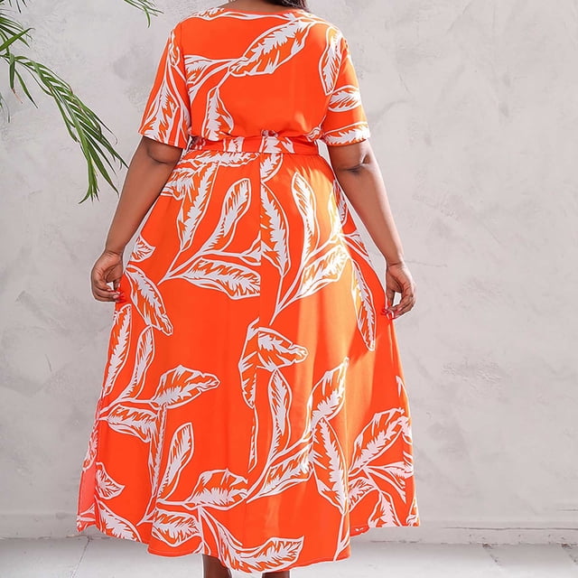 Short Sleeve Dress for Women Summer Print Plus-Size Dress V-Neck Short Sleeve Elastic Waist Dress Beach Dress Sun Dress Ruffled Flowy Midi Dress on Clearance