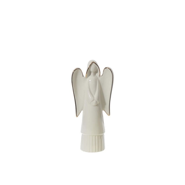 Figurine d'Angle Blanche Brillante Petite Mettant en Vedette un Ange en Céramique Orienté vers l'Avant avec des Ailes à Bord Doré, Debout 7,01 Pouces de Hauteur, Parfaite pour la Déco de la Maison et l'Exposition sur Étagère avec une Finition Lisse et Lustrée, Convient Aussi comme Petit Article-Cadeau.