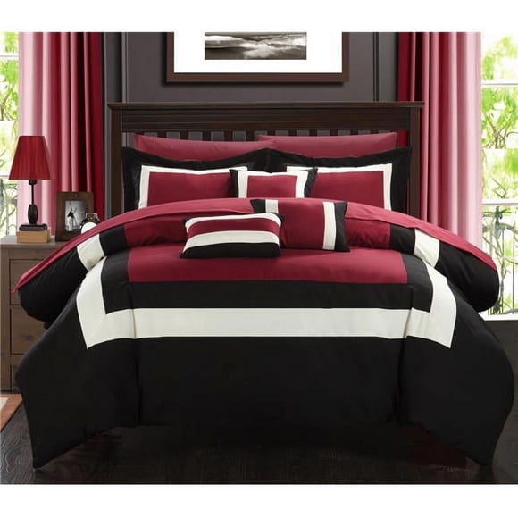 Chic Home CS1455-US Duke Ensemble Douillette Tout-en-un à Blocs de Couleur Assemblés avec Draps - Rouge - Très Grand - 10 Pcs