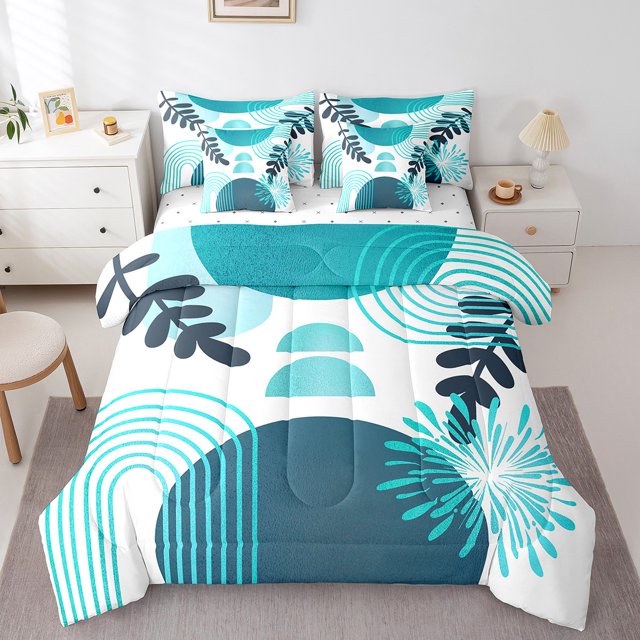 Boho Mid Century Bed in a Bag Queen Comforter Set 7 Piece Abstract Geometric Modern Minimalist Bedding Sets,Geometry Line Art Sheet Set Circle Graphic Ombre Stripes Room Decor,Cyan Teal