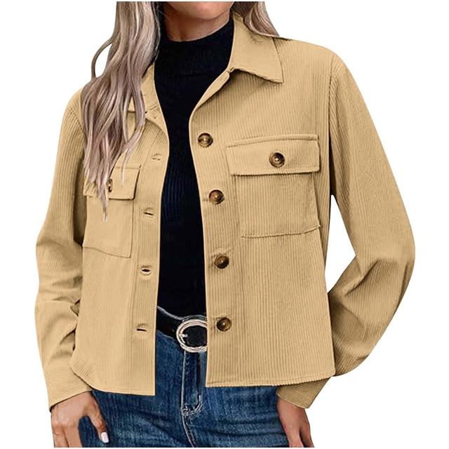 Timegard Button down Shirts for Women Cropped Long Sleeve Jackets Fall Solid Color Casual Loose Tops