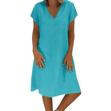 UPPADA Women's Summer T Shirt Dresses Casual Solid Midi Dress V-Neck Long Dress Boho Beach Sundresses Plus Size Loose Fit Comfy Dresses,Womens Plus Size Dresses Blue,XL