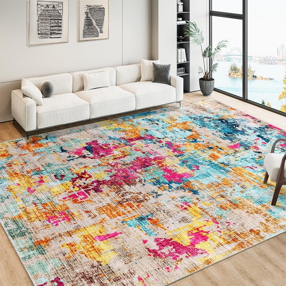 GOGRANT Area Rug, Washable Modern Abstract Soft Pearl Velvet Carpet, Non Slip TPR Backing, Foldable Machine Washable for Living Room Bedroom Nursery
