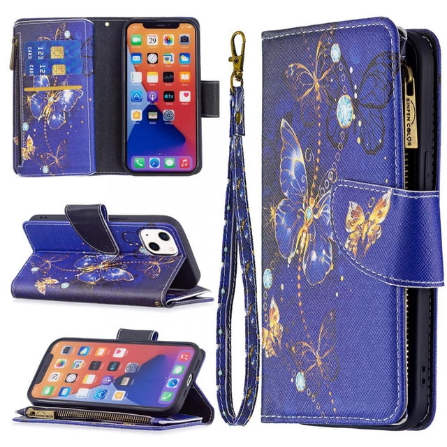 Compatible with 13 Detachable Magnet Zipper Wallet Leather Case Cash Pocket with Multiple Card Slots Holder Wrist Strap Removable Cover