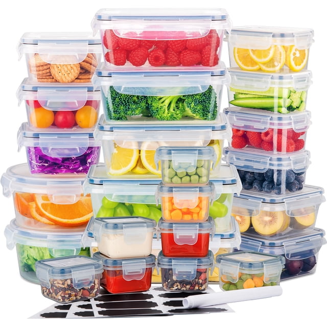 Stelive 24 pcs Food Storage Container Set made of BPA-free clear plastic with leak-proof four-sided locking lids and silicone seals. Includes microwave-safe, freezer-safe, and dishwasher-safe containers in various sizes for meal prep, leftovers, and kitchen organization. Containers are stacked neatly, showcasing vibrant fruits, vegetables, and snacks inside. Labels and a pen are visible in the foreground for easy marking and space-saving design.