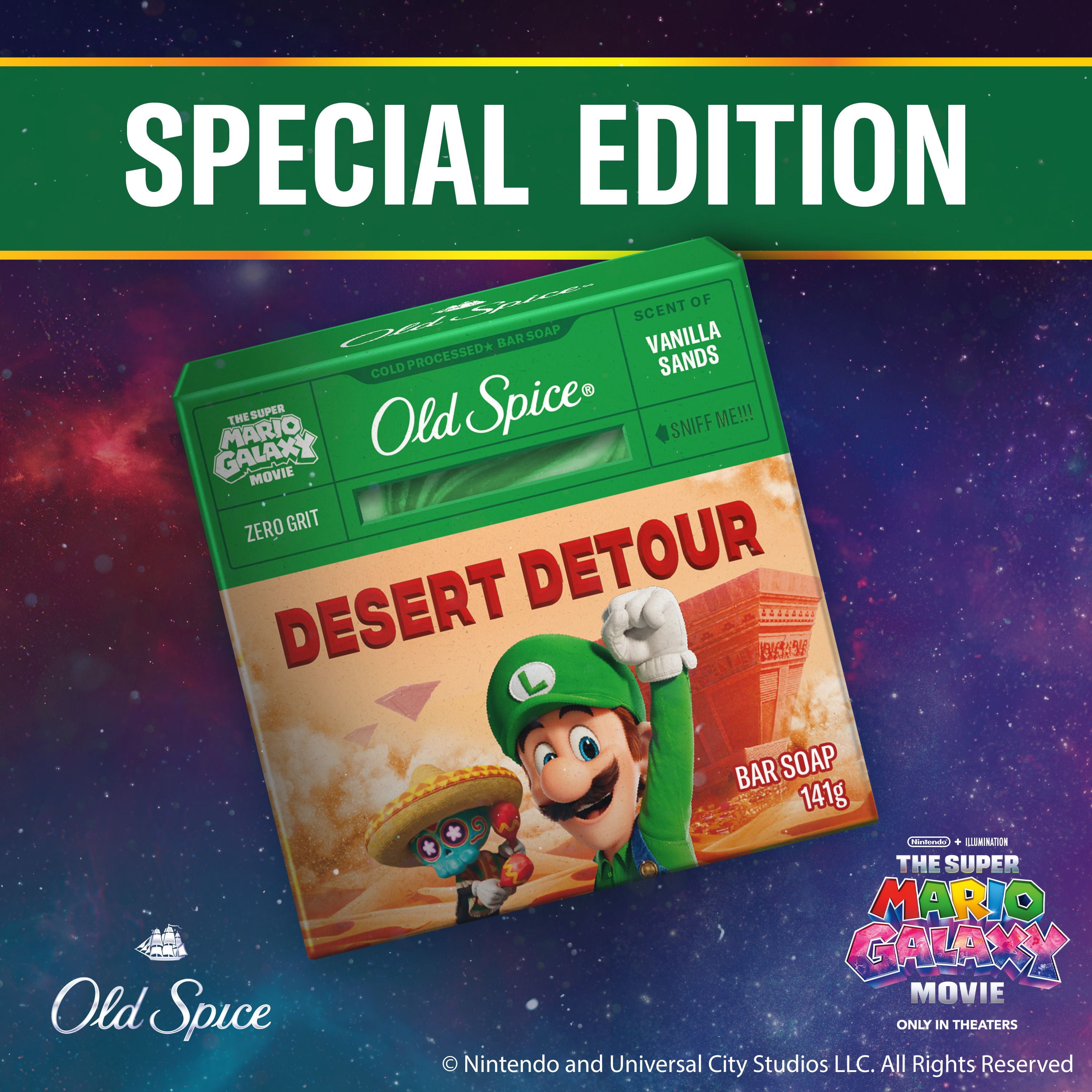 Pain de savon Old Spice saponifié à froid pour hommes, Détour du désert, parfum de vanille des sables, Old Spice x The Super Mario Galaxy Movie, aucun granule, 141 g