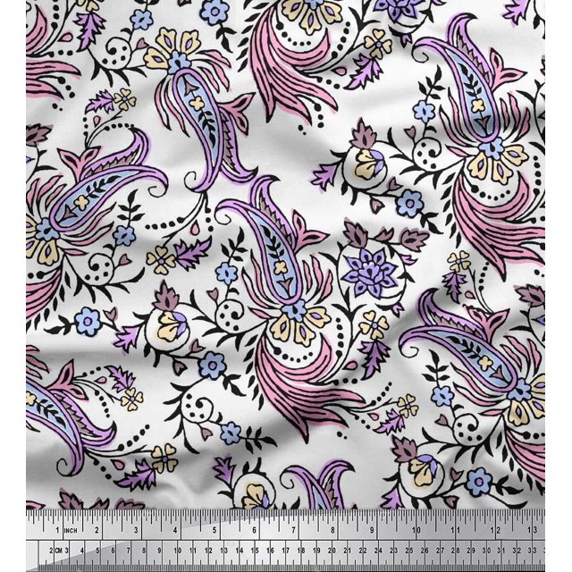 Soimoi Poly Georgette Fabric Leaves,Floral & Paisley Block Print Sewing Fabric Yard 52 Inch Wide