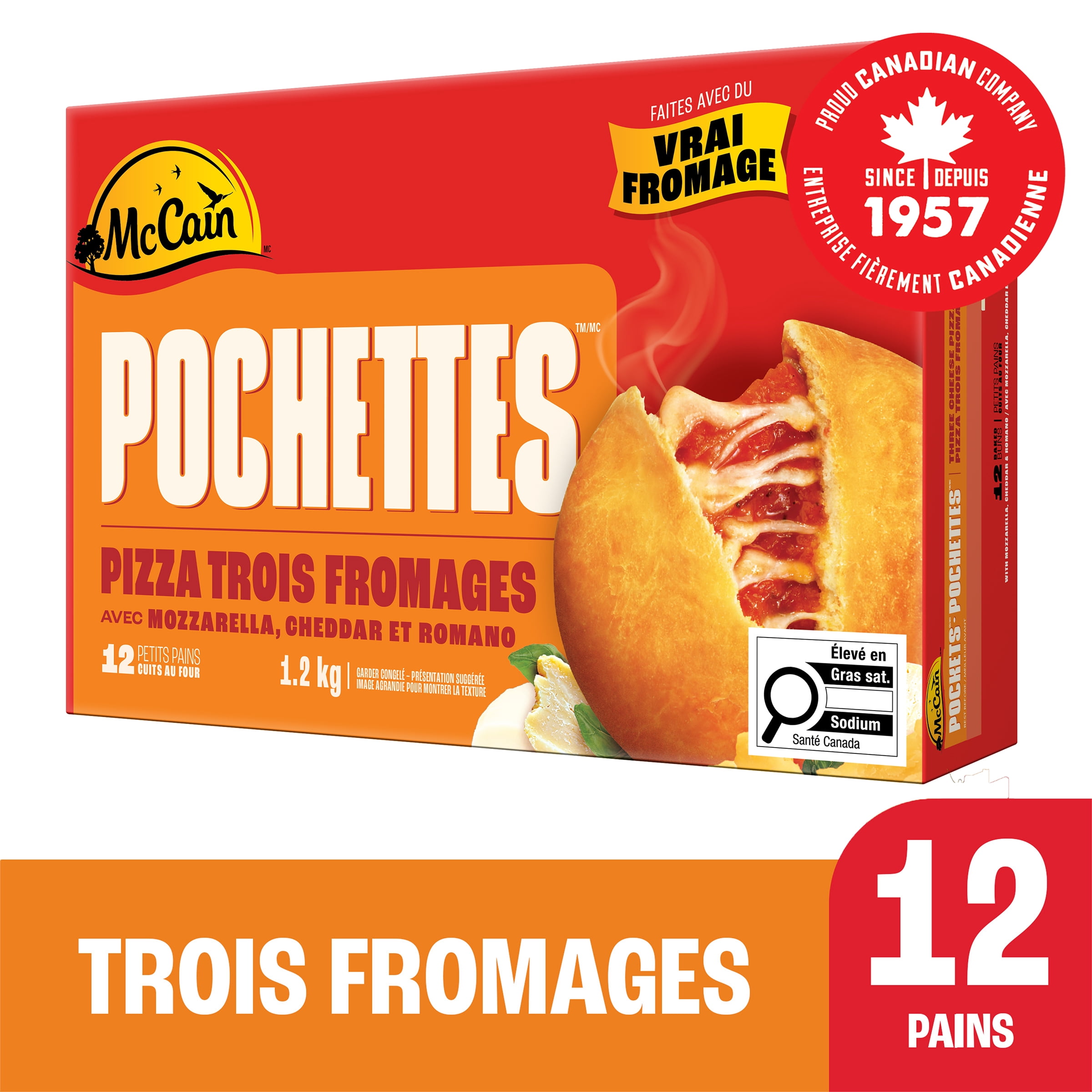 McCain® Pizza Pockets® Three Cheese, Made in Canada from domestic and imported ingredients, 12 x 100g