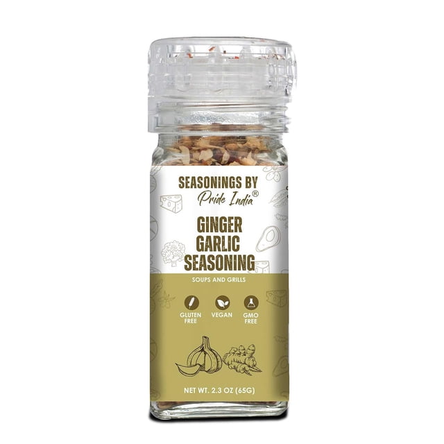 Ginger Garlic Seasoning 2.3 oz (65 gm) by Pride of India, with a grinder cap for easy use. This blend of minced ginger and garlic is perfect for Indian and South Asian cooking, marinating, stir-frying, roasting, and baking. Vegan, gluten-free, and non-bioengineered, it adds a spicy, savory flavor to dishes.
