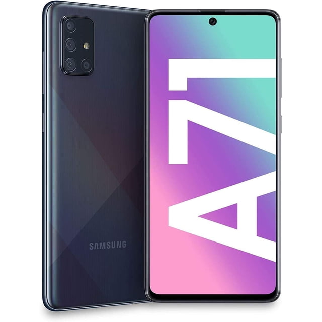 Refurbished Samsung Galaxy A71 4G smartphone in Prism Crush Black, featuring a 6.7-inch Super AMOLED Plus display and quad rear cameras with a 64MP main sensor. The front camera is 32MP, ideal for selfies. Fully unlocked and upgradeable to Android 13, this device offers 128GB storage, expandable via microSD, and a 4500mAh battery with 25W fast charging.