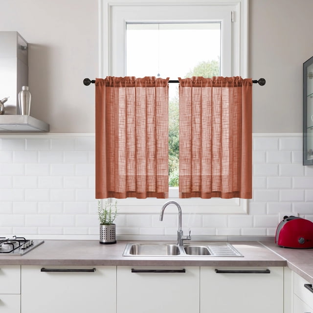 2 Pcs Courts Rideaux de Cuisine Transparents Rideau de Café pour Fenêtre au-Dessus de l'Évier, Rideaux Courts Style Ferme Poche pour Tringle Semi-Transparents Demi-Rideau de Cuisine Toile de Jute Filtrant la Lumière Draperies en Lin Épaisses pour Salle de Bain